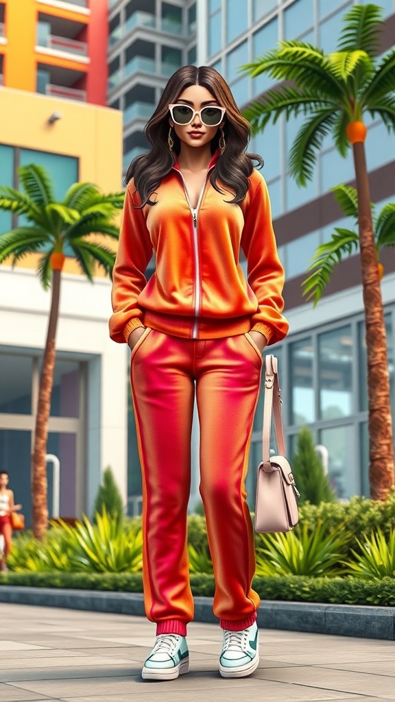 A stylish Sim in a pink velour tracksuit with sunglasses in an urban environment.
